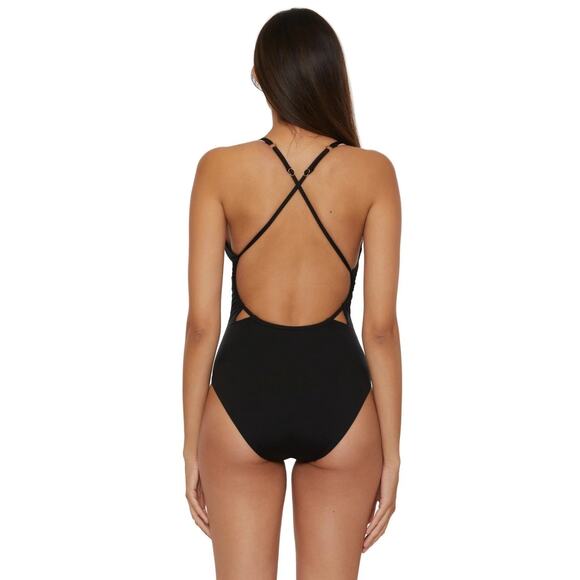 NEW! $172 TRINA TURK MONACO PLEATED PLUNGE ONE PIECE SWIMSUIT BLACK/WHITE SZ 8 - Picture 3 of 8